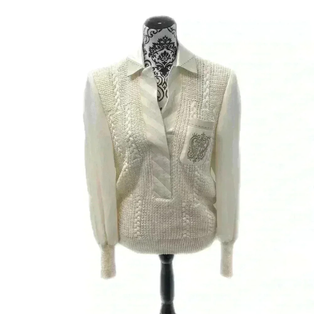 Vintage Ivory Sweater Shirt with Gold Emblem, M - Picture 12 of 13